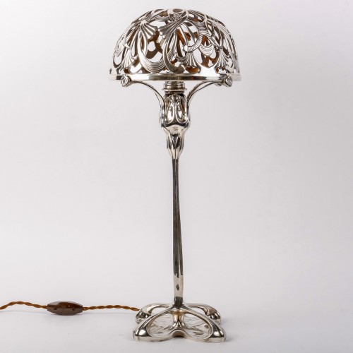 Art nouveau - 1904 Paul Follot - Lampe feuillages en  bronze argenté pour La Maison Moderne