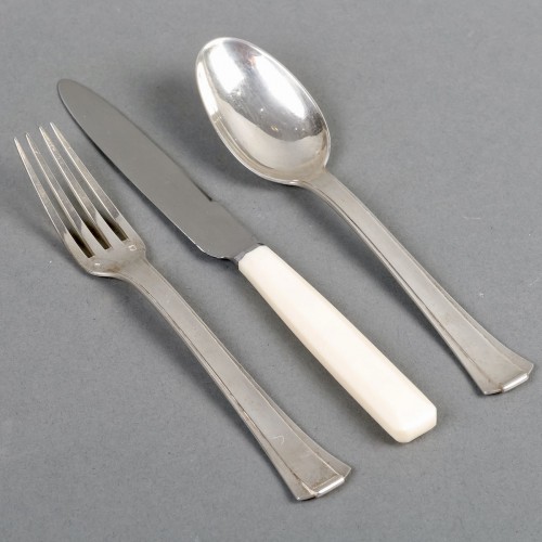 Art Déco - Jean E. Puiforcat - Cutlery Flatware Set Papyrus Art Deco Sterling Silver 