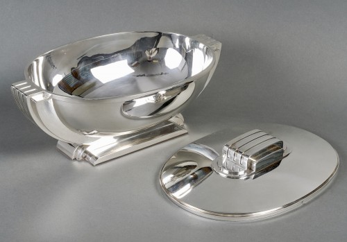 Antiquités - Jean Tetard - Modernist Art Deco Tureen Centerpiece In Sterling Silver