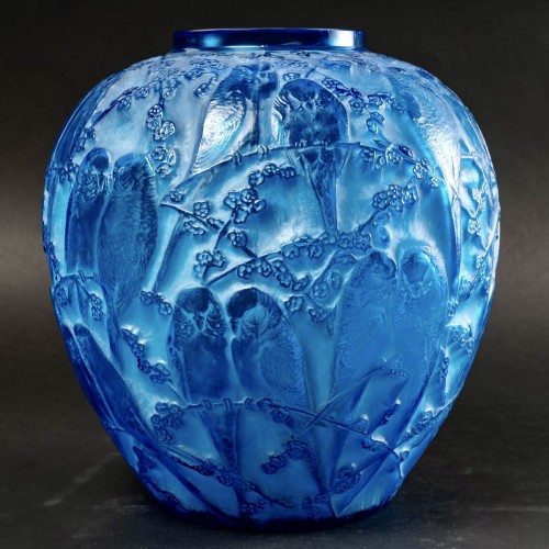 1919 René Lalique - Vase Perruches bleu électrique - Verrerie, Cristallerie Style Art Déco