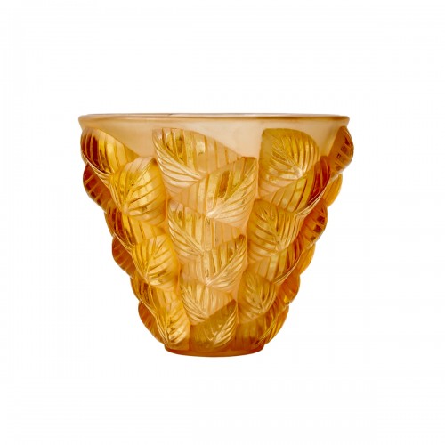 1927 René Lalique - Vase Moissac Jaune Ambré Patiné Sépia