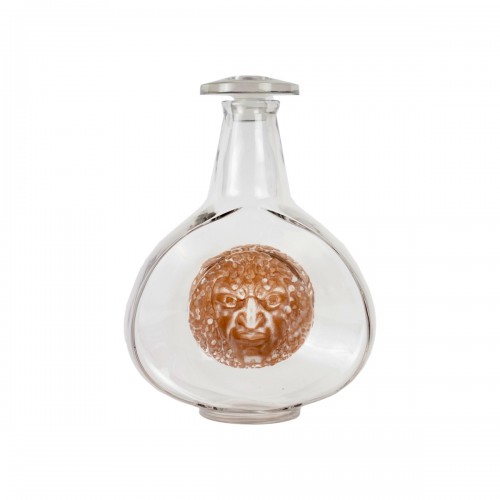 1913 René Lalique - Carafe Masques Verre Blanc Patiné Sépia