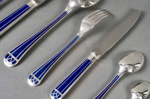 Art Déco - Christofle - Ménagère Talisman 85 pièces en métal argenté et laque de Chine bleue