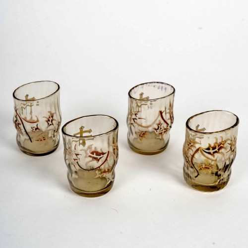 Emile Gallé - 4 Glasses Tumbers Sake Liquor With Thistles - Art nouveau
