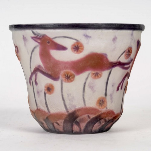 1928 Gabriel Argy Rousseau - Vase Gazelles et Fleurs pâte de verre - Verrerie, Cristallerie Style Art Déco