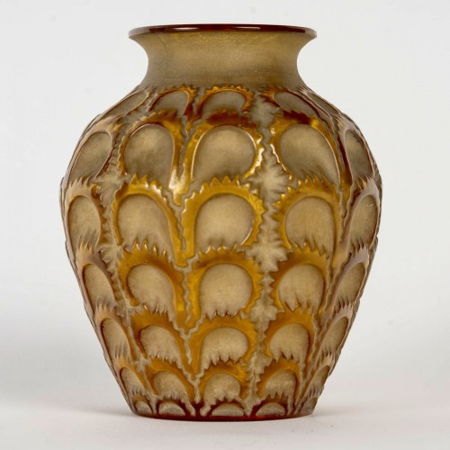 1931 René Lalique - Vase Laiterons verre jaune ambré patiné sépia - BG Arts