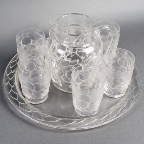 1931 René Lalique - Service « Blidah » en verre blanc 6 Verres, 1 Carafe, 1 Plateau - Verrerie, Cristallerie Style Art Déco