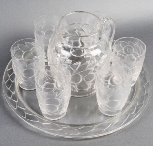 Verrerie, Cristallerie  - 1931 René Lalique - Service « Blidah » en verre blanc 6 Verres, 1 Carafe, 1 Plateau