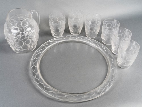 1931 René Lalique - Service « Blidah » en verre blanc 6 Verres, 1 Carafe, 1 Plateau - BG Arts