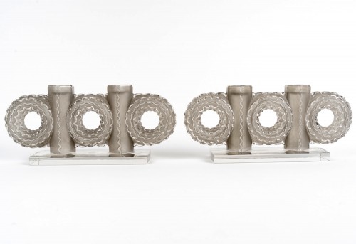 Lighting  - 1944 René Lalique - Pair Of Art Deco Candlesticks Bougeoirs