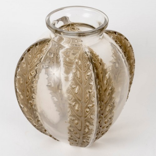 1922 René Lalique - Vase Chardons Verre Blanc Patiné Sépia - Verrerie, Cristallerie Style Art Déco