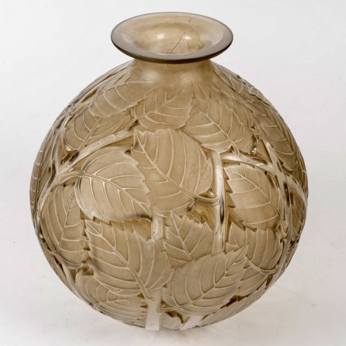 1929 René Lalique - Vase Milan Verre Blanc Patiné Sépia - Verrerie, Cristallerie Style Art Déco