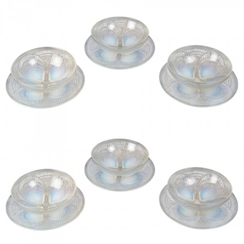1924 René Lalique - Suite de 6 bols et 6 assiettes Coquilles Verre Opalescent