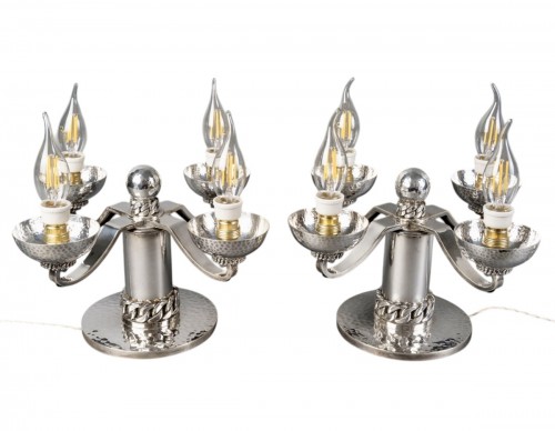Jean Despres - Modernist Art Deco Candelabras Hammered Silver Plated