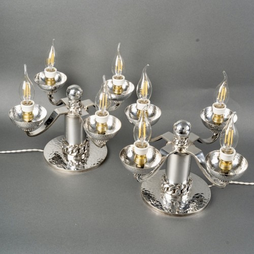 Jean Despres - Modernist Art Deco Candelabras Hammered Silver Plated - Lighting Style Art Déco