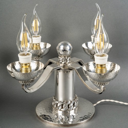 Lighting  - Jean Despres - Modernist Art Deco Candelabras Hammered Silver Plated