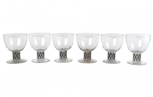 1926 René Lalique - Suite de 6 Verres à Eau Saint Nabor Verre Blanc Emaillé Noir