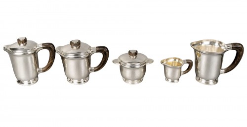 1940 Fouquet Lapar - Service thé café art déco en argent massif martelé & palissandre