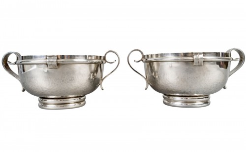 Jean Desprès Pair Of Art Deco Modernist Bowls Hammered Silver Plated Metal