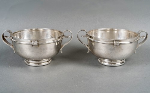 Jean Desprès Pair Of Art Deco Modernist Bowls Hammered Silver Plated Metal - silverware & tableware Style Art Déco