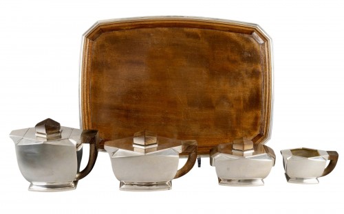 Tétard Frères - Art Deco Moderniste Service Thé Café Argent Massif et Palissandre