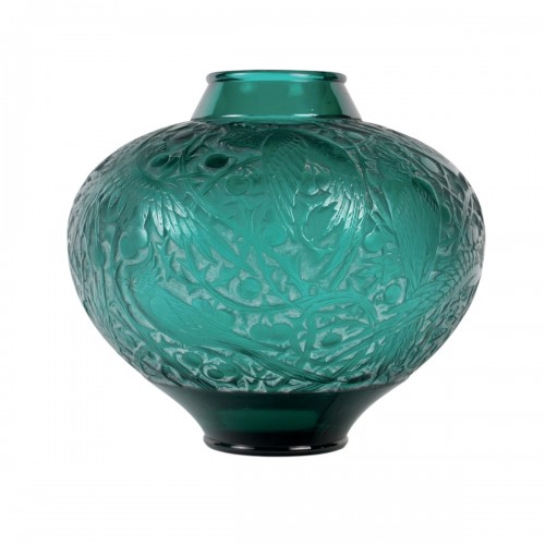 1924 René Lalique - Vase Aras Teal Green Glass With White Patina