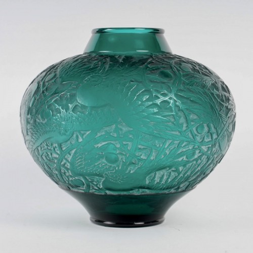 1924 René Lalique - Vase Aras Teal Green Glass With White Patina - Glass & Crystal Style Art Déco