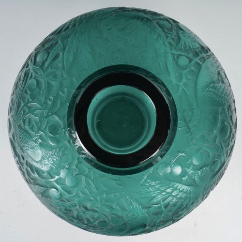 1924 René Lalique - Vase Aras Teal Green Glass With White Patina - 