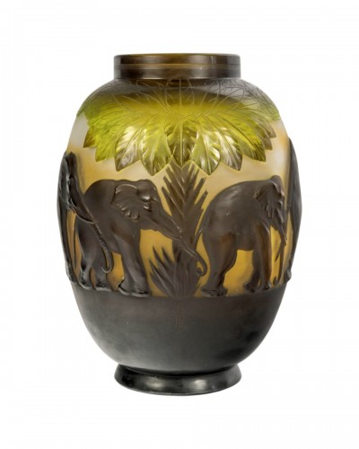 1925 Emile Gallé - Vase Eléphants Verre Multicouche Brun, Jaune et Vert