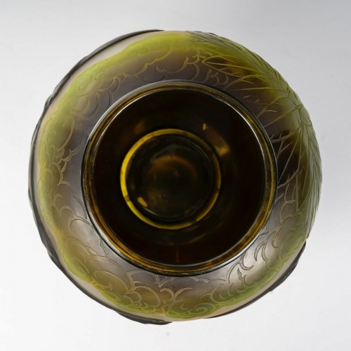 1925 Emile Gallé - Vase Eléphants Verre Multicouche Brun, Jaune et Vert - Art Déco