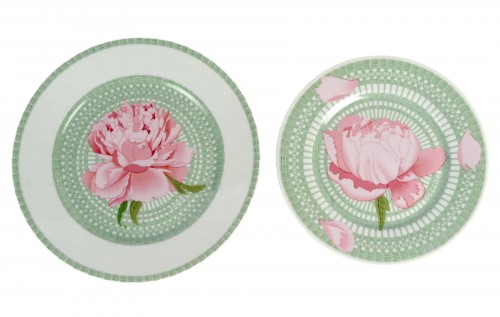 Hermès - 12 Dinner Plates And 12 Dessert Plates Pivoines Peonies Porcelain