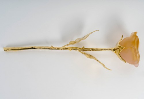 Daum France - Eternal Rose Orange Glass Pate De Verre And Gilt Bronze - Glass & Crystal Style 