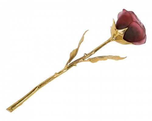 Daum France - Eternal Rose Rouge Glass Pate De Verre And Gilt Bronze