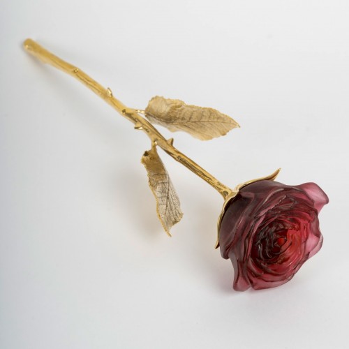 Daum France - Eternal Rose Rouge Glass Pate De Verre And Gilt Bronze - Glass & Crystal Style 