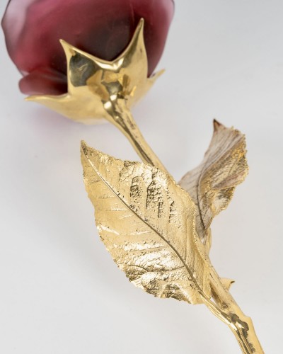 Daum France - Eternal Rose Rouge Glass Pate De Verre And Gilt Bronze - 