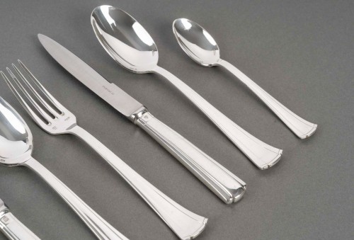 20th century - Puiforcat Art Deco Cutlery Flatware Set Papyrus Cyperus Silver Plated Metal