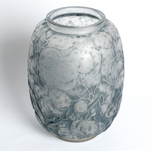 1914 René Lalique - Vase Monnaie du Pape patiné bleu - Verrerie, Cristallerie Style Art Déco
