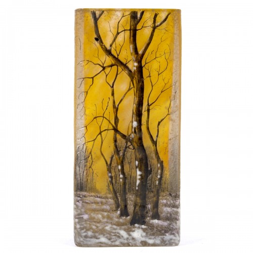 Verrerie, Cristallerie  - Daum Nancy - Vase A La Neige verre dégagé à l'acide et émaillé