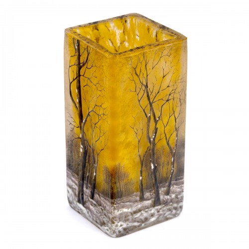 XXe siècle - Daum Nancy - Vase A La Neige verre dégagé à l'acide et émaillé