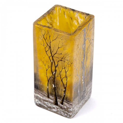 Daum Nancy - Vase A La Neige verre dégagé à l'acide et émaillé - Art nouveau