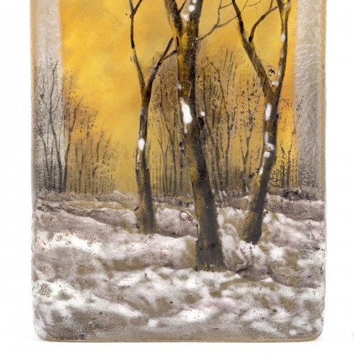 Antiquités - Daum Nancy - Vase A La Neige verre dégagé à l'acide et émaillé