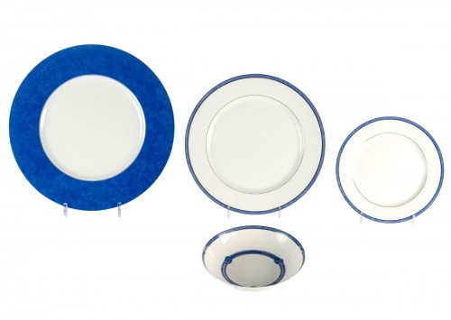 Christofle - Service de Table Rubanea Bleu Porcelaine Limoges - 64 Pièces