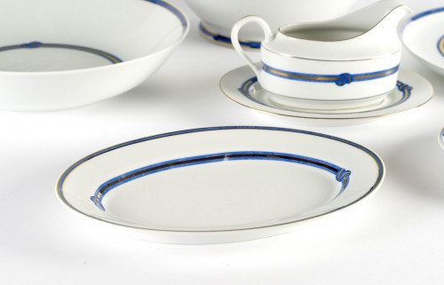 Christofle - Service de Table Rubanea Bleu Porcelaine Limoges - 64 Pièces - Art Déco