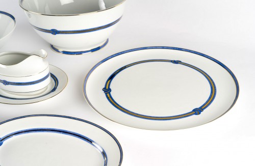 Art Déco - Christofle - Service de Table Rubanea Bleu Porcelaine Limoges - 64 Pièces