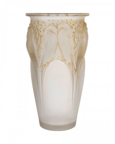 1924 René Lalique - Vase Ceylan Verre Blanc Patiné Sépia