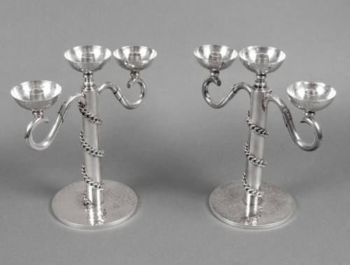 Jean Desprès - Paire de candélabres Gourmettes en métal argenté martelé - Luminaires Style Années 50-60