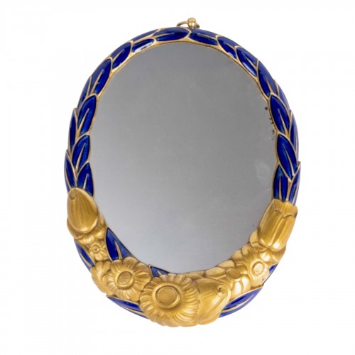 1925 Sue And Mare - Art Deco Oval Mirror Gilt Bronze And Blue Enamel