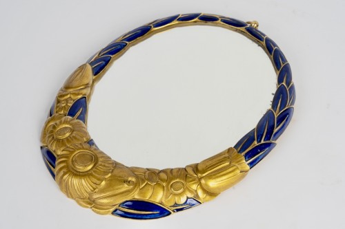 1925 Sue And Mare - Art Deco Oval Mirror Gilt Bronze And Blue Enamel - Mirrors, Trumeau Style Art Déco