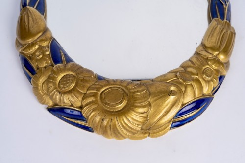 Mirrors, Trumeau  - 1925 Sue And Mare - Art Deco Oval Mirror Gilt Bronze And Blue Enamel