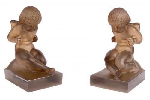 1929 René Lalique - Pair Of Bookends "amour" Glass With Sepia Patina